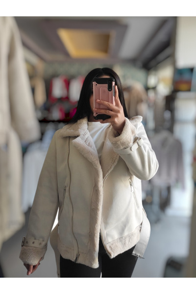 Sublime Butik Γυναικείο Παλτό Biker με Ζώνη Suede Λούτρινο Μπεζ
