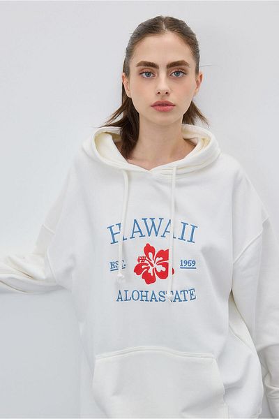 TUBİA Women's Ecru Color Printed Hooded Oversize Sweatshirt