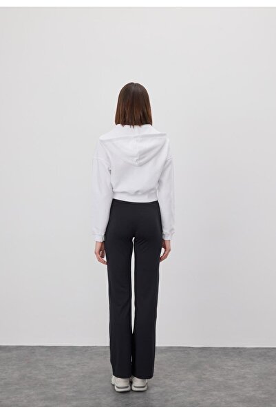 TUBİA Women's White Color Hooded Ribbed Crop Sweatshirt Cardigan