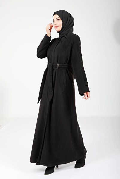 Beyza معطف شتوي أسود بحزام موسكوفا 3622-2