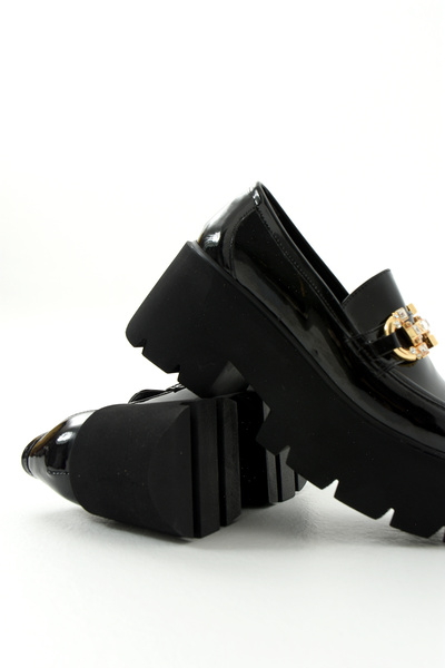 Gökçe Shoes Denisa Siyah Rugan Yüksek Taban Kadın Loafer Ayakkabı