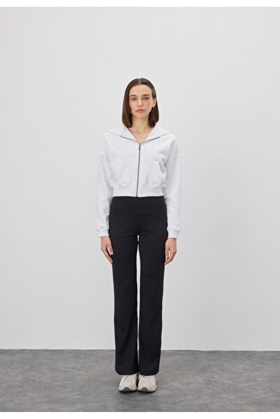 TUBİA Women's White Color Hooded Ribbed Crop Sweatshirt Cardigan