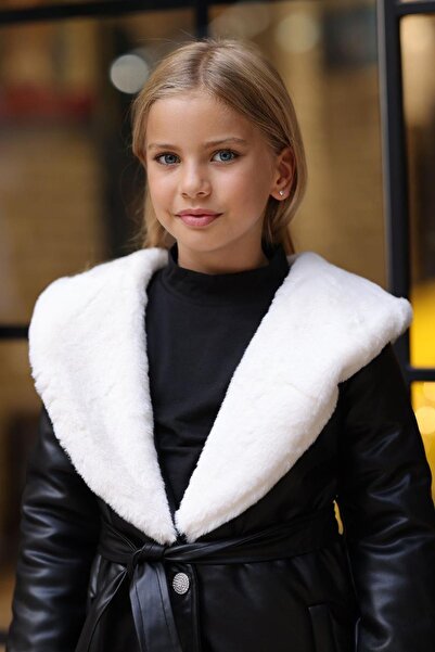 Riccotarz Lány szőrme gallérral és kőgombokkal, részletes fekete bőr alsó felső öltöny kabát