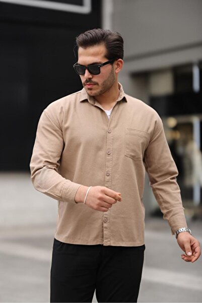 Valiberta Single Pocket Oversize Gabardine Fabric Men's Shirt - Beige