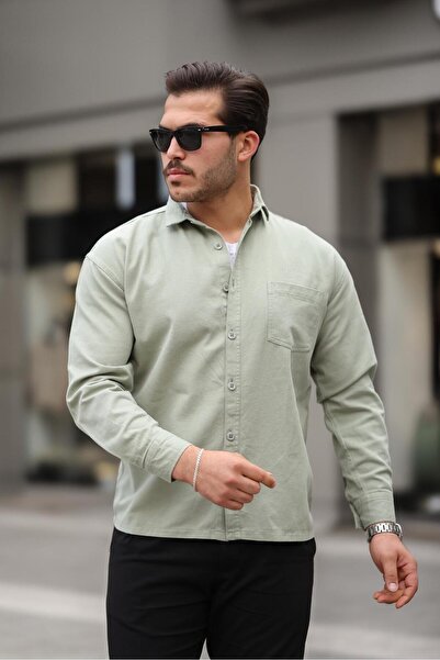 Valiberta Single Pocket Oversize Gabardine Fabric Men's Shirt - Light Green
