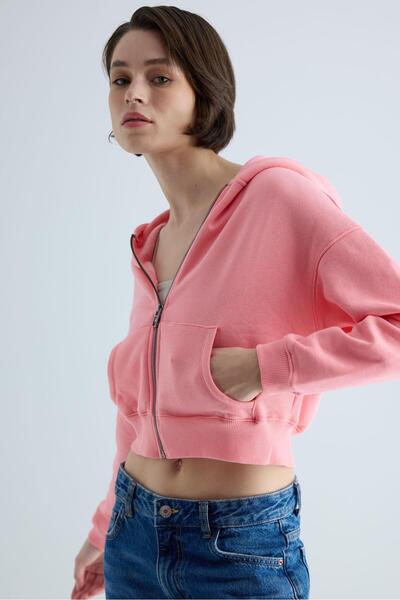 TUBİA Kadın Pembe Renk Kapüşonlu Şardonlu Crop Sweatshirt Hırka