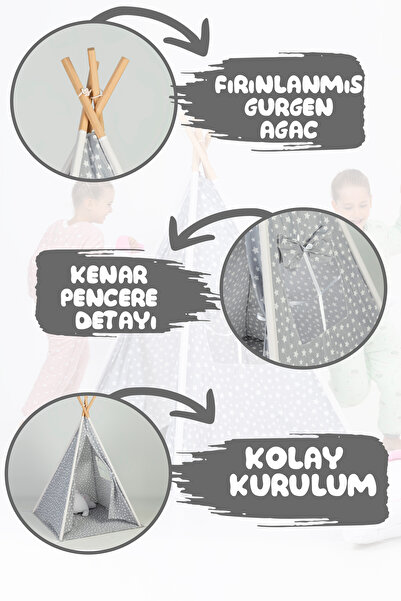 Irk Lemoon Çocuk Kızılderili Ahşap Direkli Geniş Oyun Çadırı Ve Minderli Ev & Bahçe Oyun Alanı