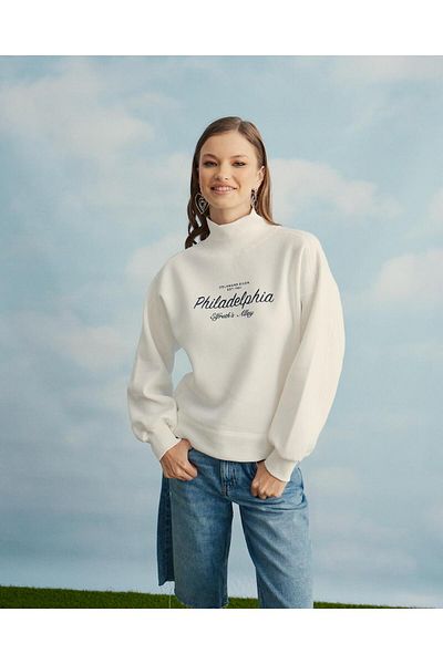 TUBİA Women's Ecru Color Printed Half Turtleneck Sweatshirt