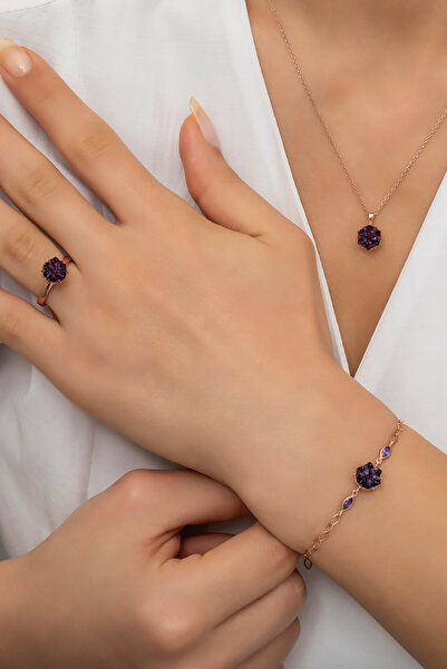 klas gümüş Gümüş Lotus Çiçeği Ametist Rose 3'lü Set