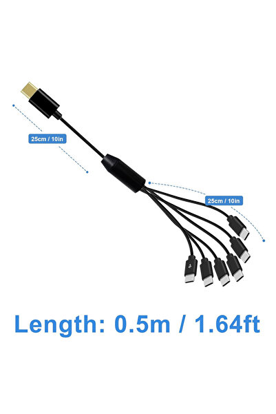 Choice كابل موزع USB C بطول 50 سم (أسود) 6 في 1، كابل متعدد USB C إلى USB C، كابل شاحن 6 في 1 من النوع C ذكر F