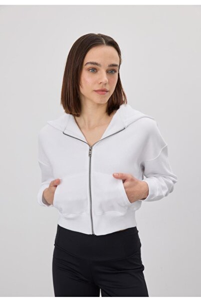 TUBİA Women's White Color Hooded Ribbed Crop Sweatshirt Cardigan