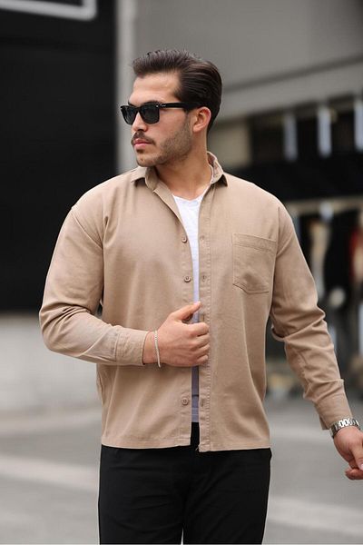 Valiberta Single Pocket Oversize Gabardine Fabric Men's Shirt - Beige
