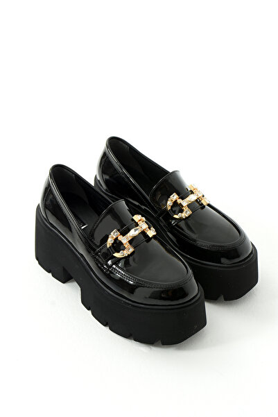 Gökçe Shoes Denisa Siyah Rugan Yüksek Taban Kadın Loafer Ayakkabı