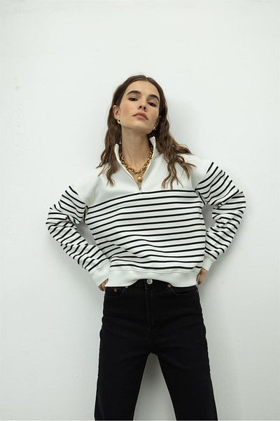 TUBİA Women's Short White Black Striped Half Zipper Sweatshirt