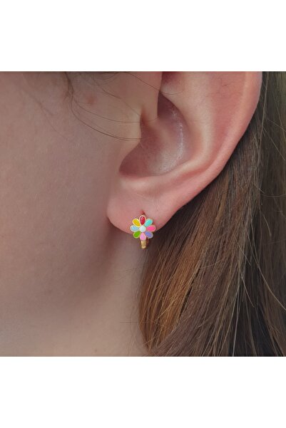 MAGRİB 22 ayar altın kaplama rengarenk mineli klipsli çiçekli papatyalı gümüş çocuk küpesi