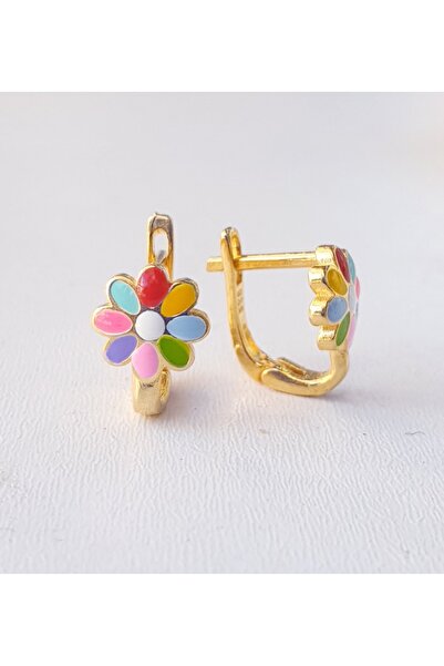 MAGRİB 22 ayar altın kaplama rengarenk mineli klipsli çiçekli papatyalı gümüş çocuk küpesi