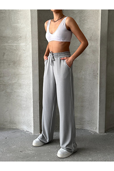 BEJNA Γυναικείο φαρδύ παντελόνι σε γκρι Modal με ανάγλυφη ρίγα