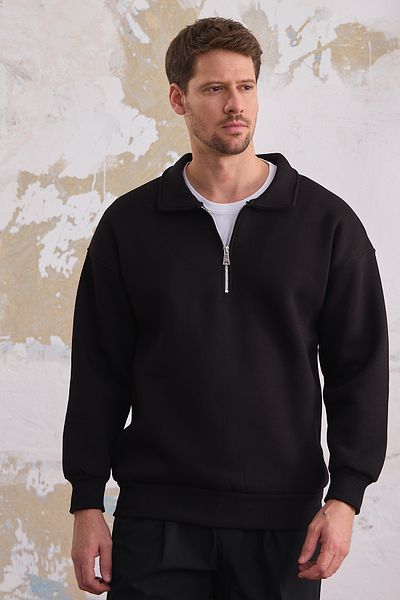 COMBİNE MİCHAİL Men's Black Sweatshirt - Half Zipper, Regular Fit