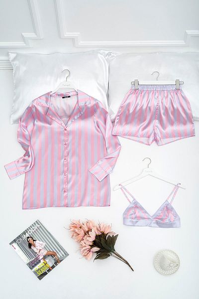 for you sleepwear Striped Lilac Pajama Shorts Set with 3-Piece Bustier