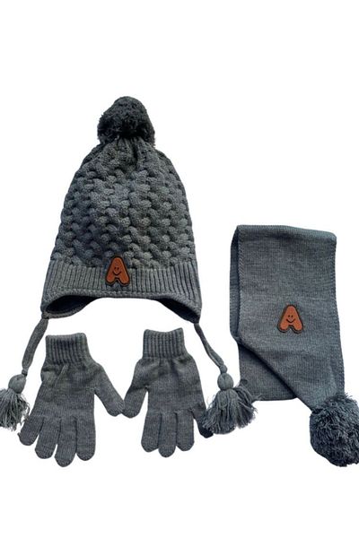 Kitti Gray Acrylic Beanie for Boy 4-8 Years Old - Non-Fleece Scarf, Gloves 3-Piece Set