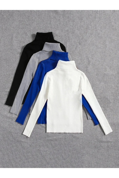 JAKARLI Unisex Pack of 4 Cobalt Blue Gray Black White Cotton Turtleneck Slimf...