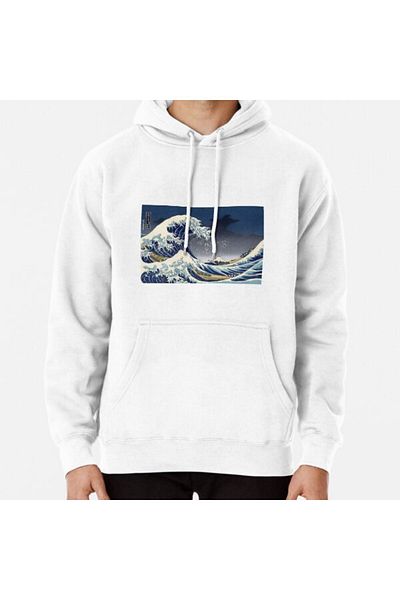 Hvit Stein Great Wave: Φούτερ με στάμπα Kanagawa Night