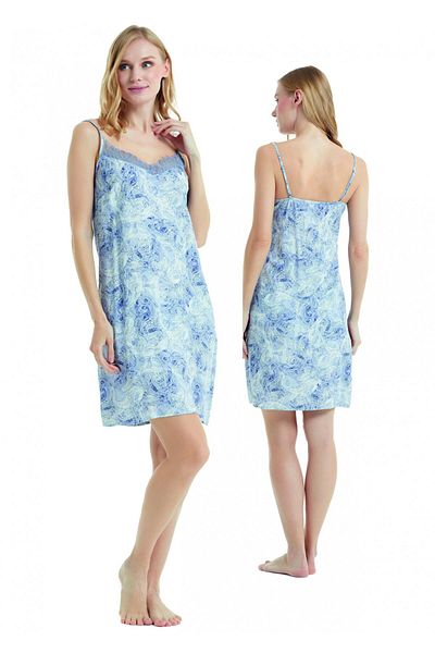Blackspade 60083 Blue Satin Cotton Patterned Women's Nightgown with Rope Straps