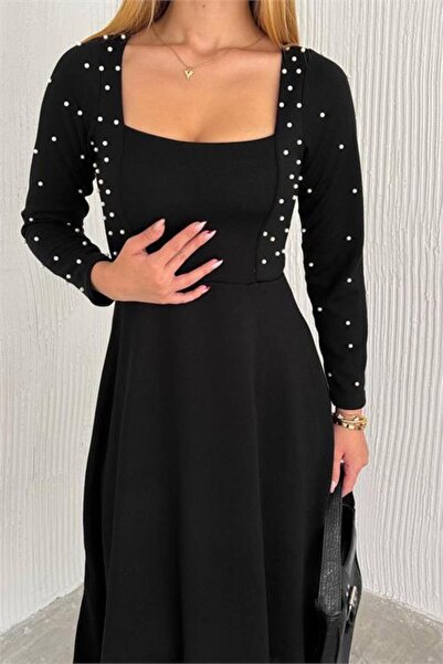 Dipmoda γυναικείο φόρεμα με τετράγωνο γιακά και λεπτομέρειες από πέρλες ελαστ...