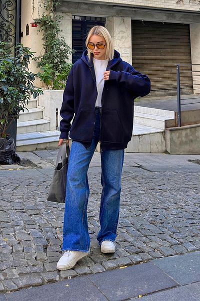 Swist Lena Oversize Hooded Women's Fleece Sweatshirt with Zipper - Navy Blue