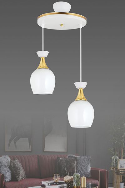 SONSUZ AYDINLATMA&AVİZE Pendant Lamp Tray 2-Piece White Bell Jar with White Glass and Yellow Stripe Modern Downward-Facing Chandelier