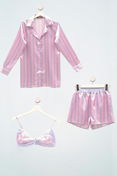 for you sleepwear Striped Lilac Pajama Shorts Set with 3-Piece Bustier