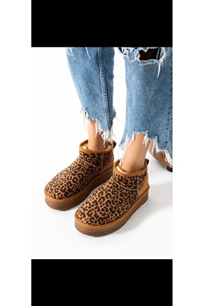 B&B'shop Leopar Desenli Süet Yarım Bot İçi Tüylü Kalın Taban Ayakkabı