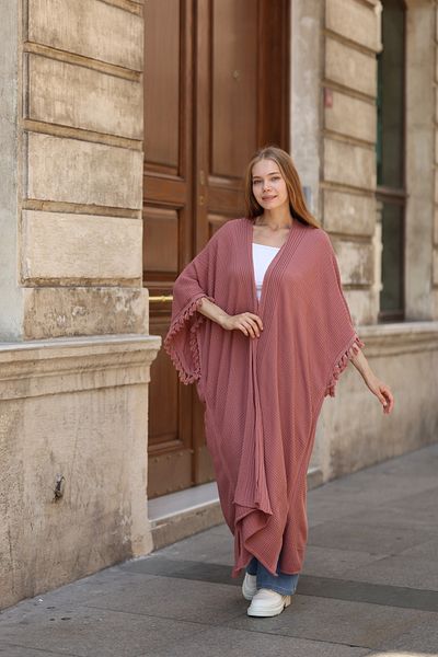 CNR TEKSTİL Γυναικείο Dusty Rose Πολύχρωμο Πόντσο με φούντα με λεπτομέρειες