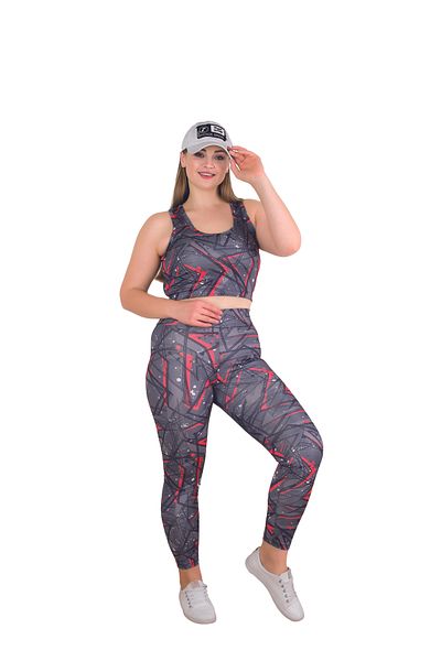 Lady Plus Size Gray Red Patterned Athlete Suit