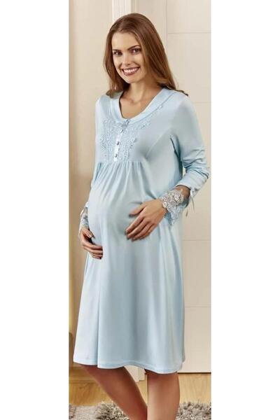 Eros 20802 Mavi Pamuklu Dantel Detaylı Lohusa Gecelik