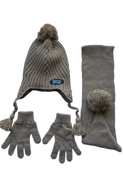 Kitti Milk Coffee Colored Acrylic Beanie and Gloves Set for 4-8 Years Old Boys - Set of 3