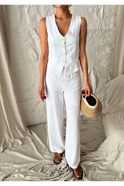 Dilek Aydin Atelier Ecru Linen Vest and Lace-Up Trousers Set - 100% Linen