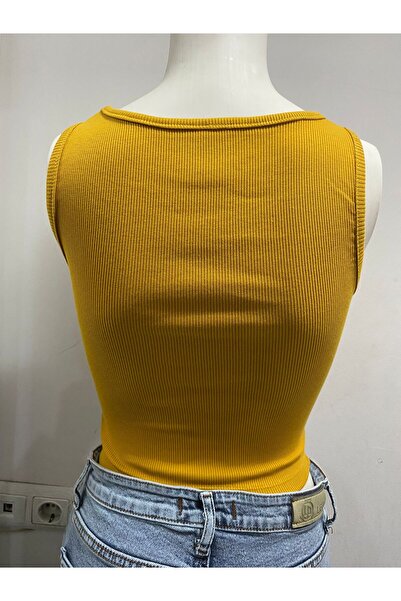 LADY HAZAL Mustard Halter Collar Crop Top Darkalıp Ribbed Thin Bias Bustier