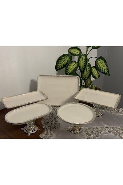 Santara Avangarde 5 Pieces Wonderful Present Set with Crystal Stone Casted Legs Porcelain Silver Detail