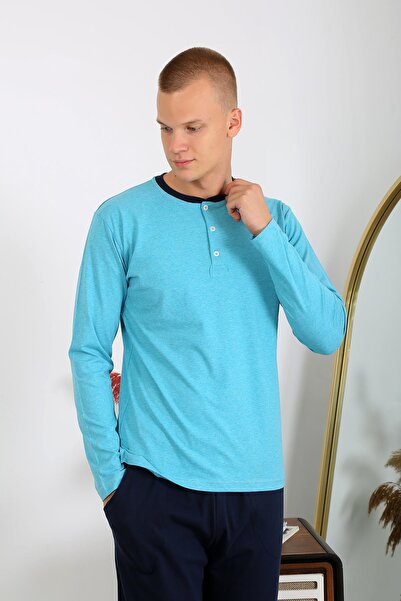 Akbeniz Turquoise Men's Combed Cotton Long Sleeve Pajama Set - 6860
