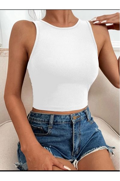 LADY HAZAL Crop Top alb cu gât cu șarmuire Bustieră subțire cu nervuri