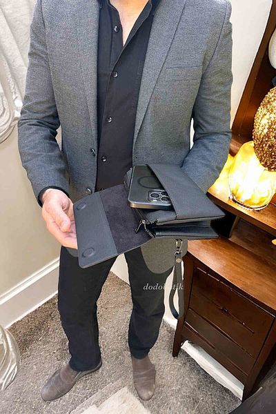 Dodo4men Top Quality Men's Anthracite Leather Canvas Blend Hand and Wrist Bag