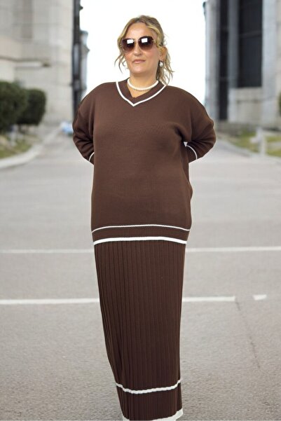 yagmurberen Strip Detail V-Neck Long Sleeve Stretch Bluse Waist Rubber Pleated Skirt Large Size Double Knit Set