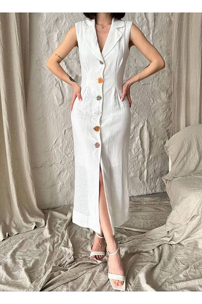 Dilek Aydın Atelier Ecru 100% Linen Zero Sleeve Shirt Collar Buttoned Front Ankle Length Dress