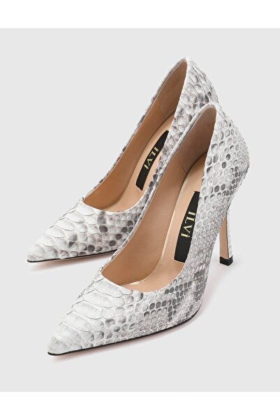 İLVİ Ravello Hakiki Yılan Deri Kadın Gri Topuklu Ayakkabı