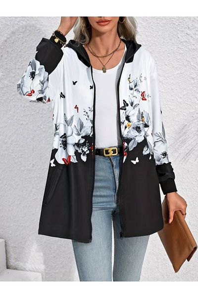 neoduno Women's Long Sleeve Hooded Zippered Flower-Butterfly Patterned Raised Diver Jacket