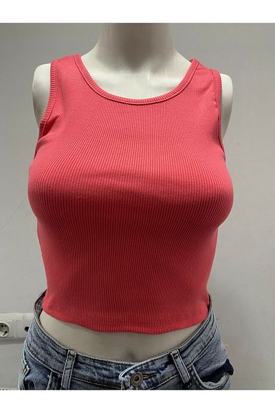 LADY HAZAL Coral Halter Neck Crop Top Darkalıp Ribbed Thin Bias Bustier