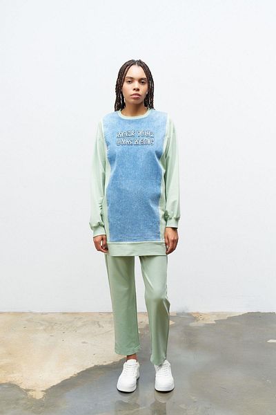 Basicpark Green Embroidered Denim Sweatshirt - Crew Neck, Skinny Leg Trousers, Cotton Knitted