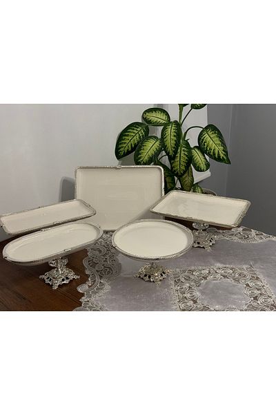 Santara Avangarde 5 Pieces Wonderful Present Set with Crystal Stone Casted Legs Porcelain Silver Detail