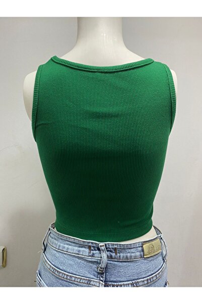 LADY HAZAL Emerald Green Halter Neck Crop Top Darkalıp Ribbed Thin Bias Bustier